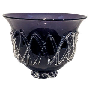 David Lindsay Studio Blown Art Glass Purple Applied Wave Base Bowl Dated Signed
